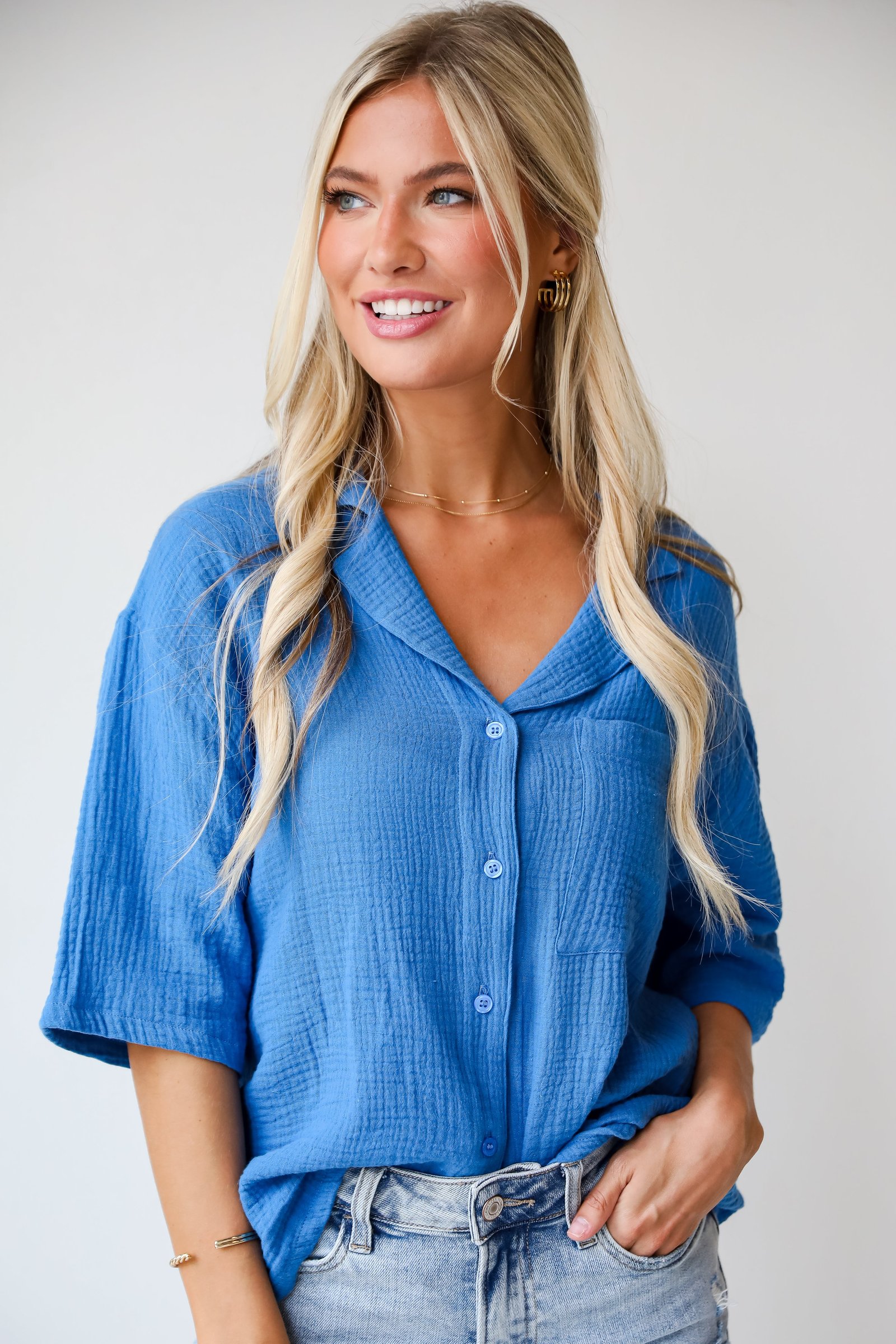 Stylish Ease Blue Linen Blouse - DU DEAL