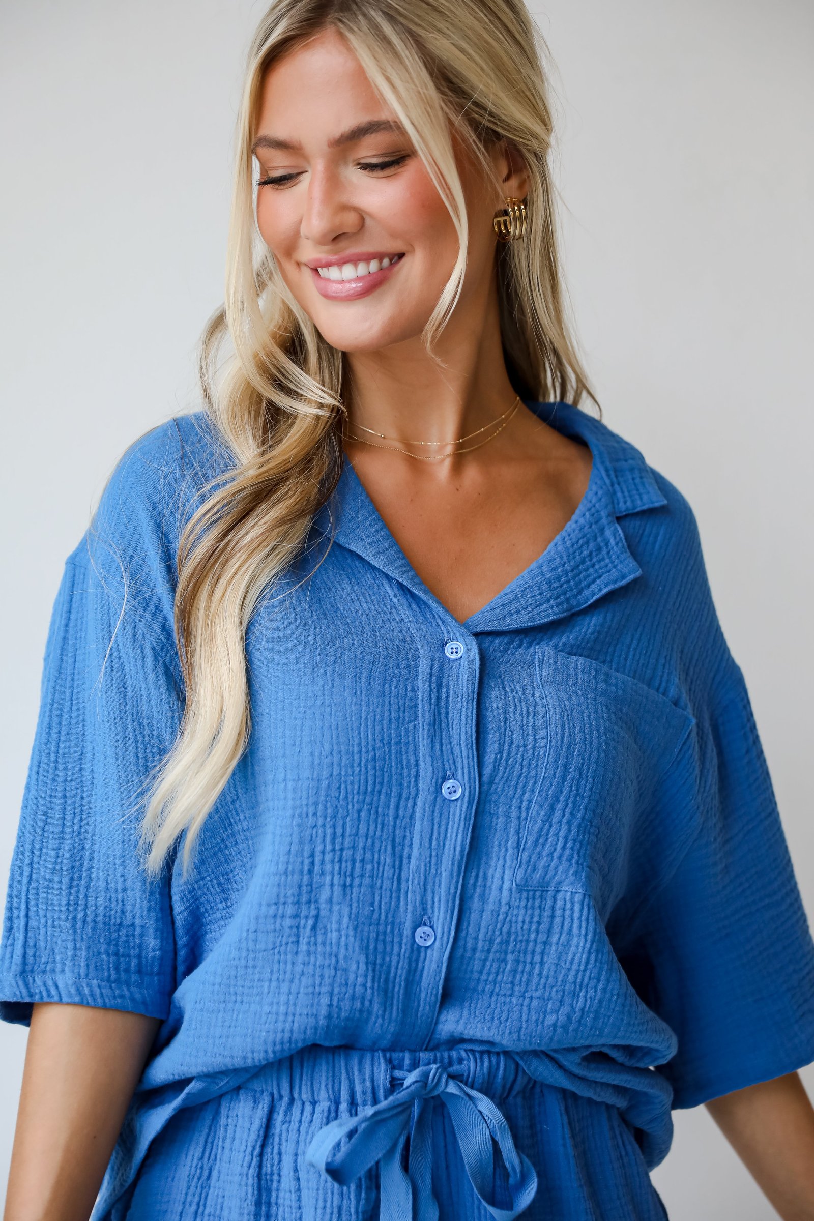 Stylish Ease Blue Linen Blouse - DU DEAL