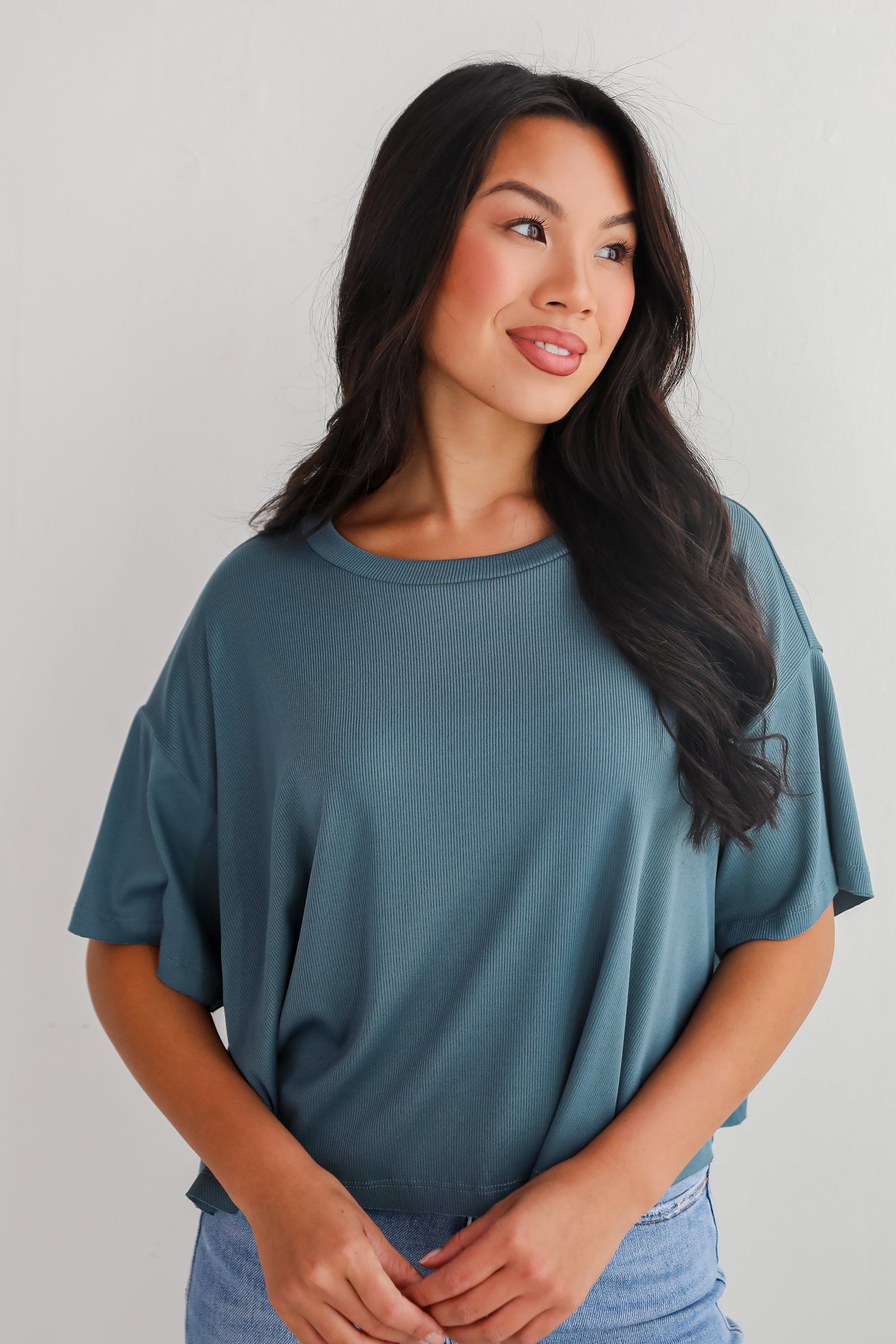 Catherine Teal Ribbed Knit Tee